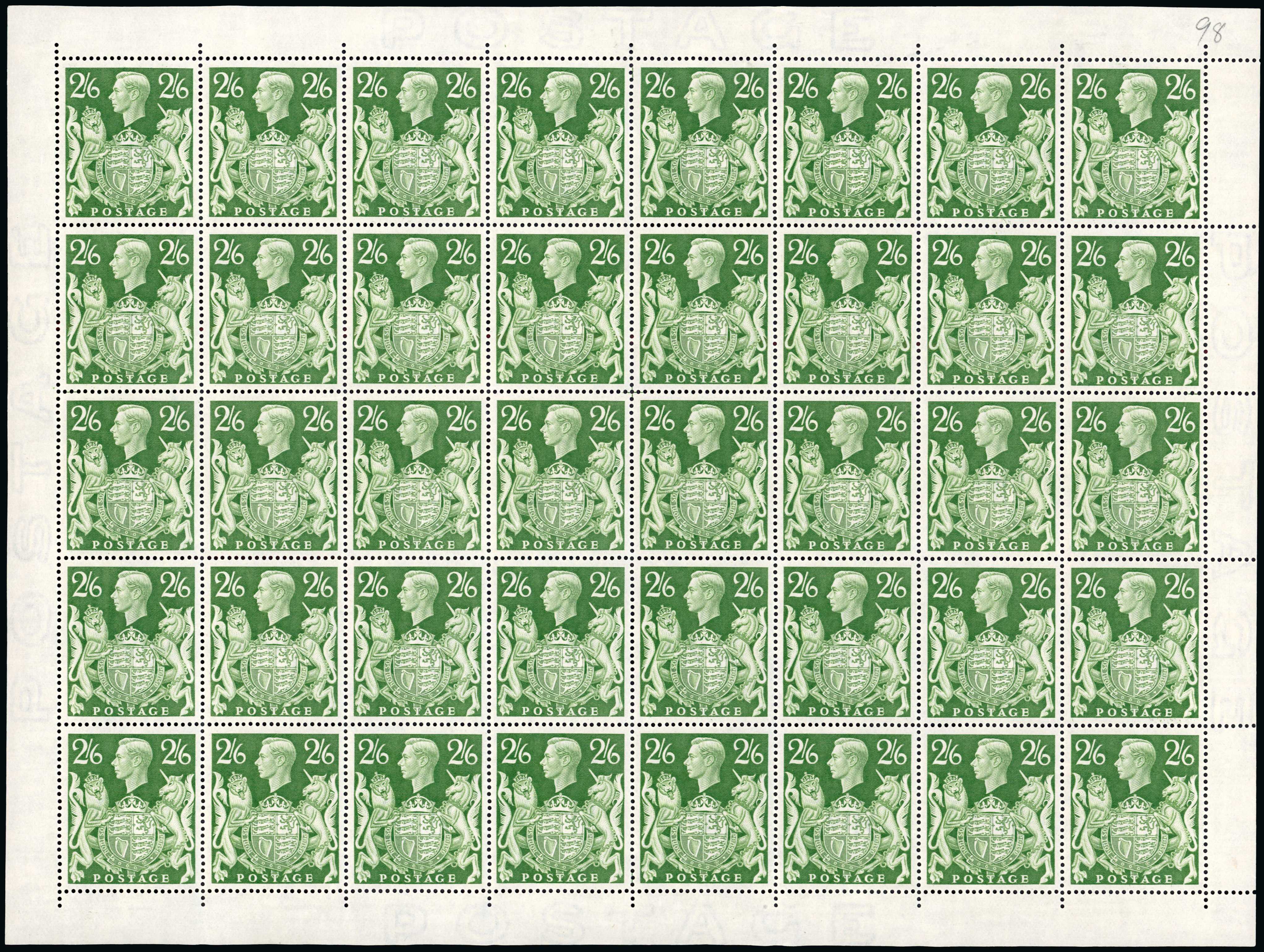 1942 2s6d Yellow-green mint sheet (SG476b)