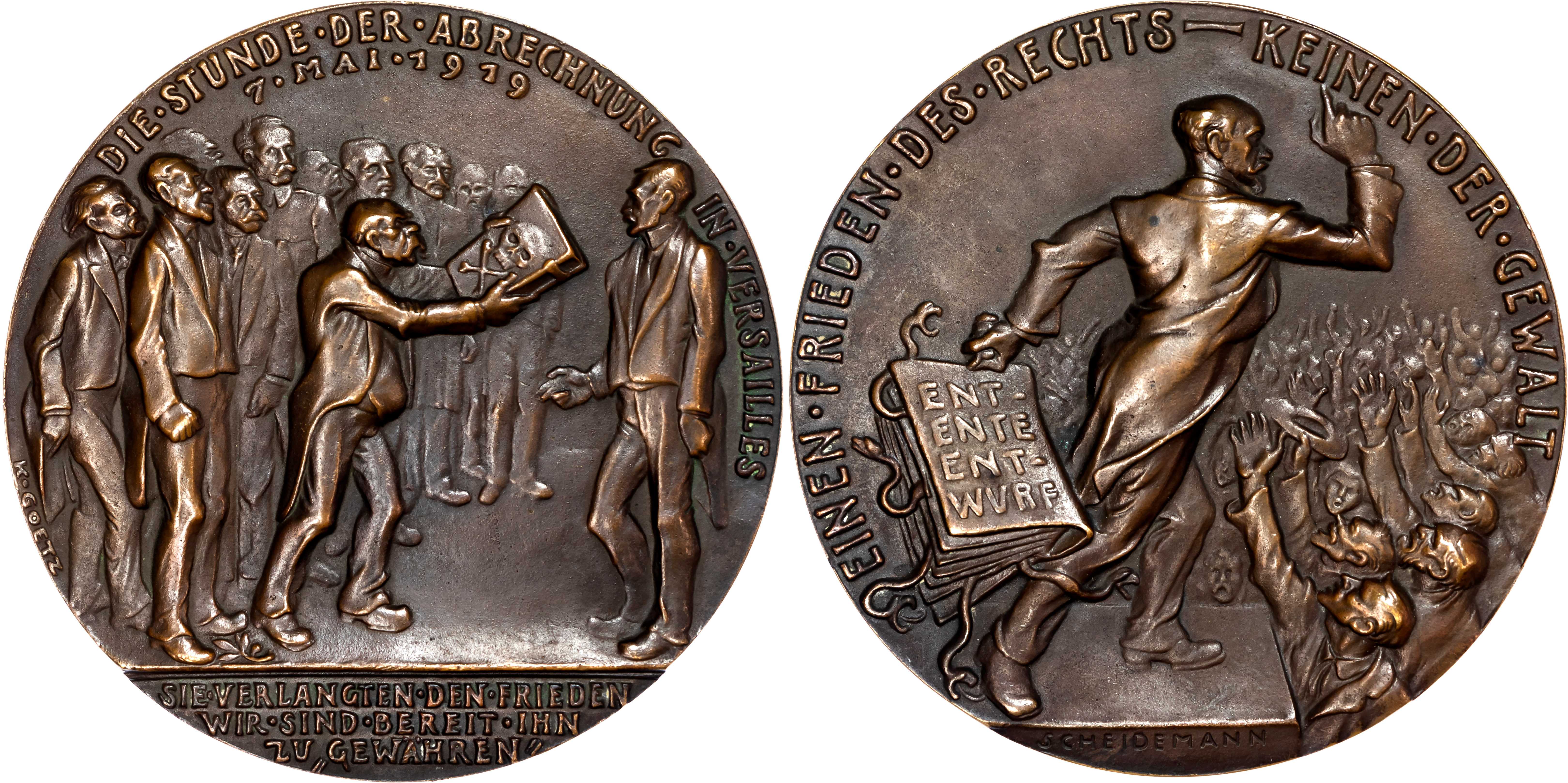 Germany, The Hour of Reckoning in Versailles, cast bronze medal, 1919 by Karl Goetz