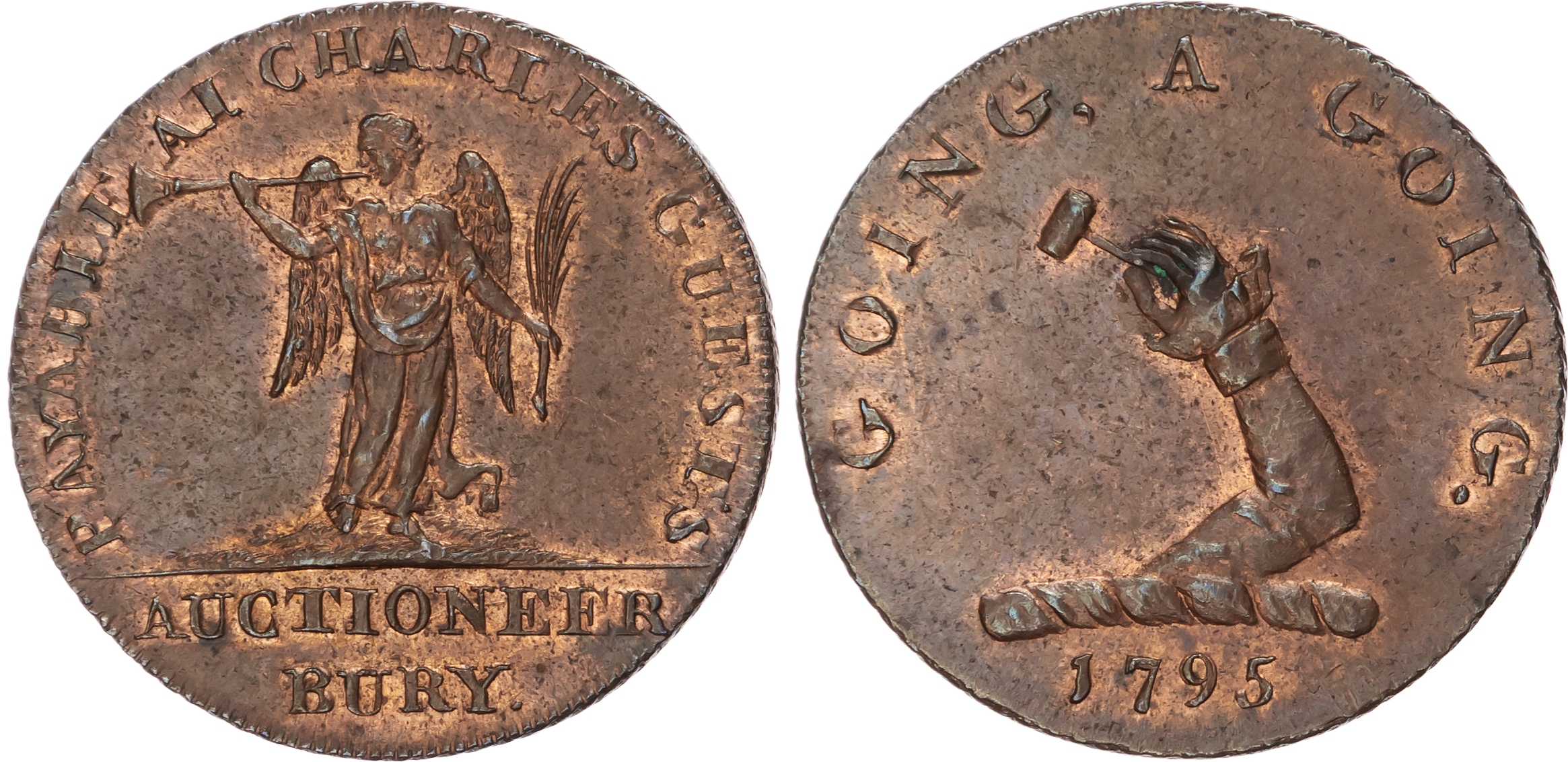 Suff. Bury St. Edmunds , Charles Guest (auctioneer) halfpenny 1795, arm with gavel crest, rev. Fame blowing tr…