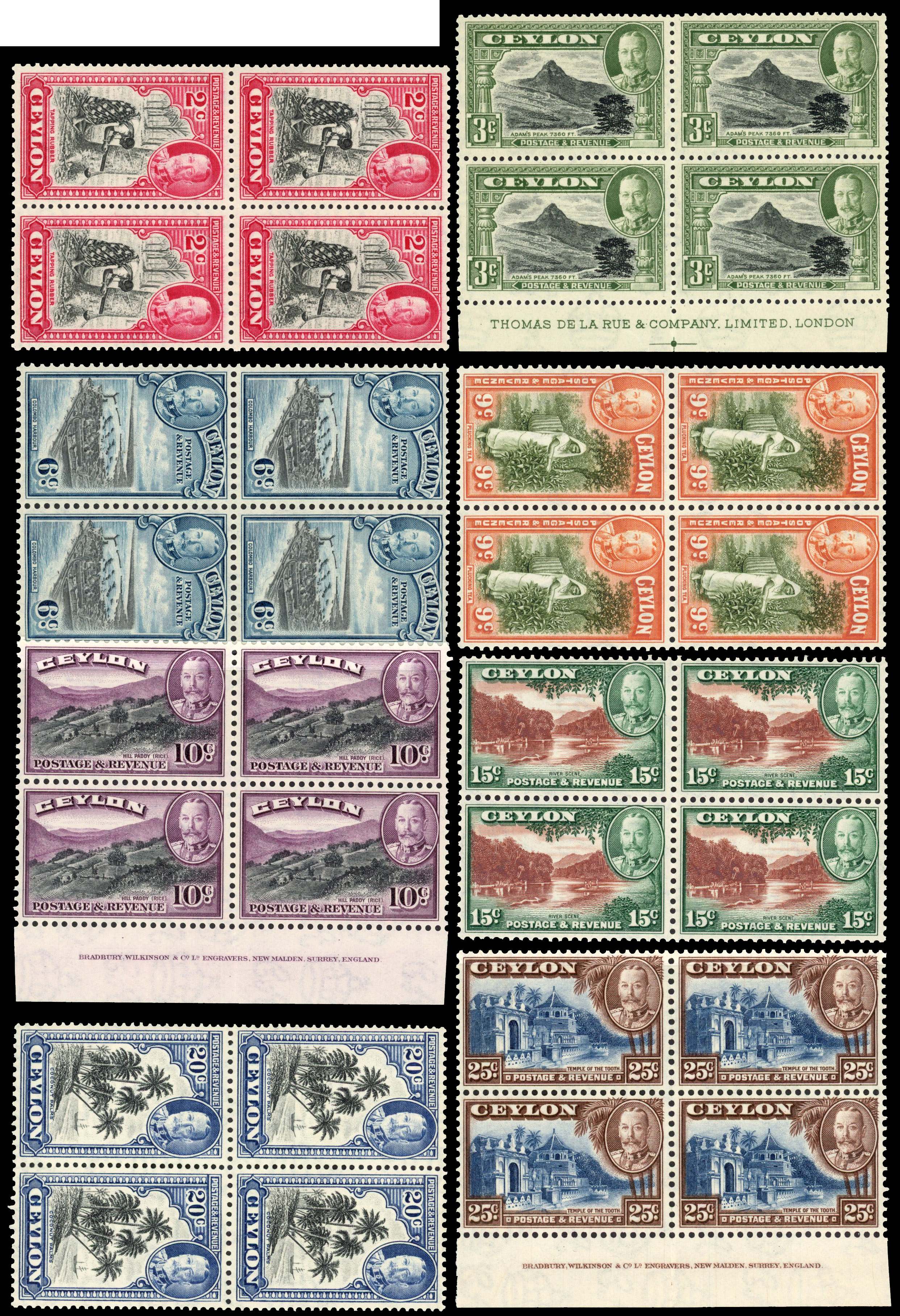 Ceylon 1935-36 set of 11 blocks of 4