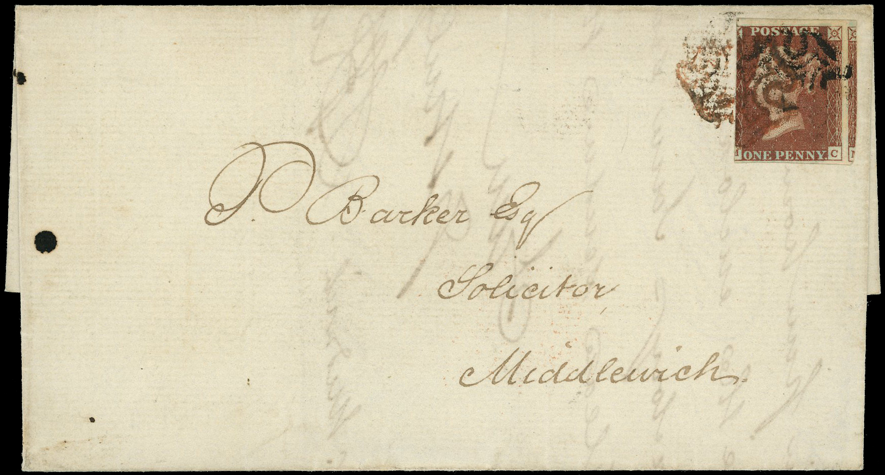 1841 1d Red-brown. Pair of entires both tied by red & black MC's