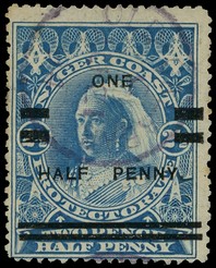 1894 surcharge ½d Type 17 on 2½d blue, used with violet Old Calabar CDS of AU 21 94.  SG 65,...