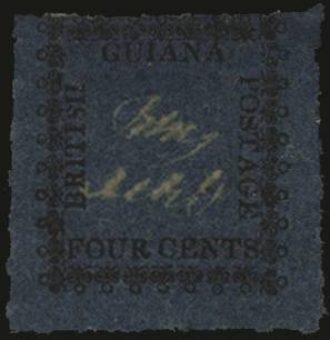 BRITISH GUIANA SG 124d 1862 (Sept) Typeset 4c black/blue, type 15, variety "Italic S in BRITISH", R3/3