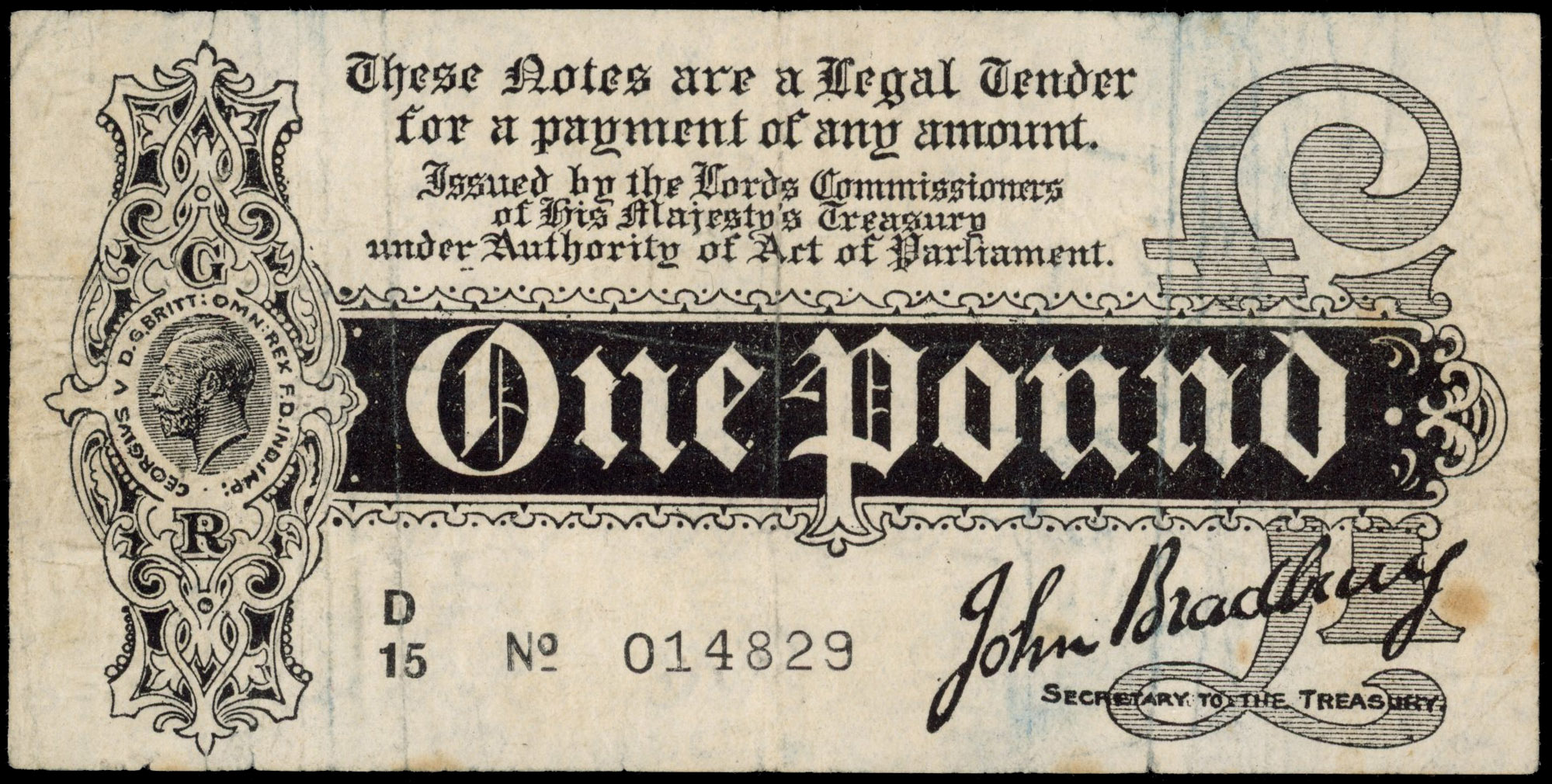 Treasury, J. Bradbury, (first issue), One Pound, Aug. 1914, D/15 014829, (Dugg. T5-3b). Several pinholes, smal…