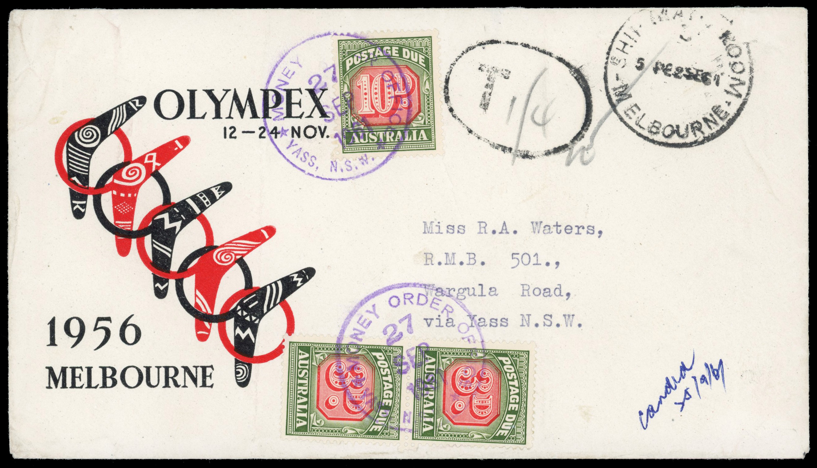 Australia 1956 Melbourne Olympics two Jack Peake covers and a postage due cover