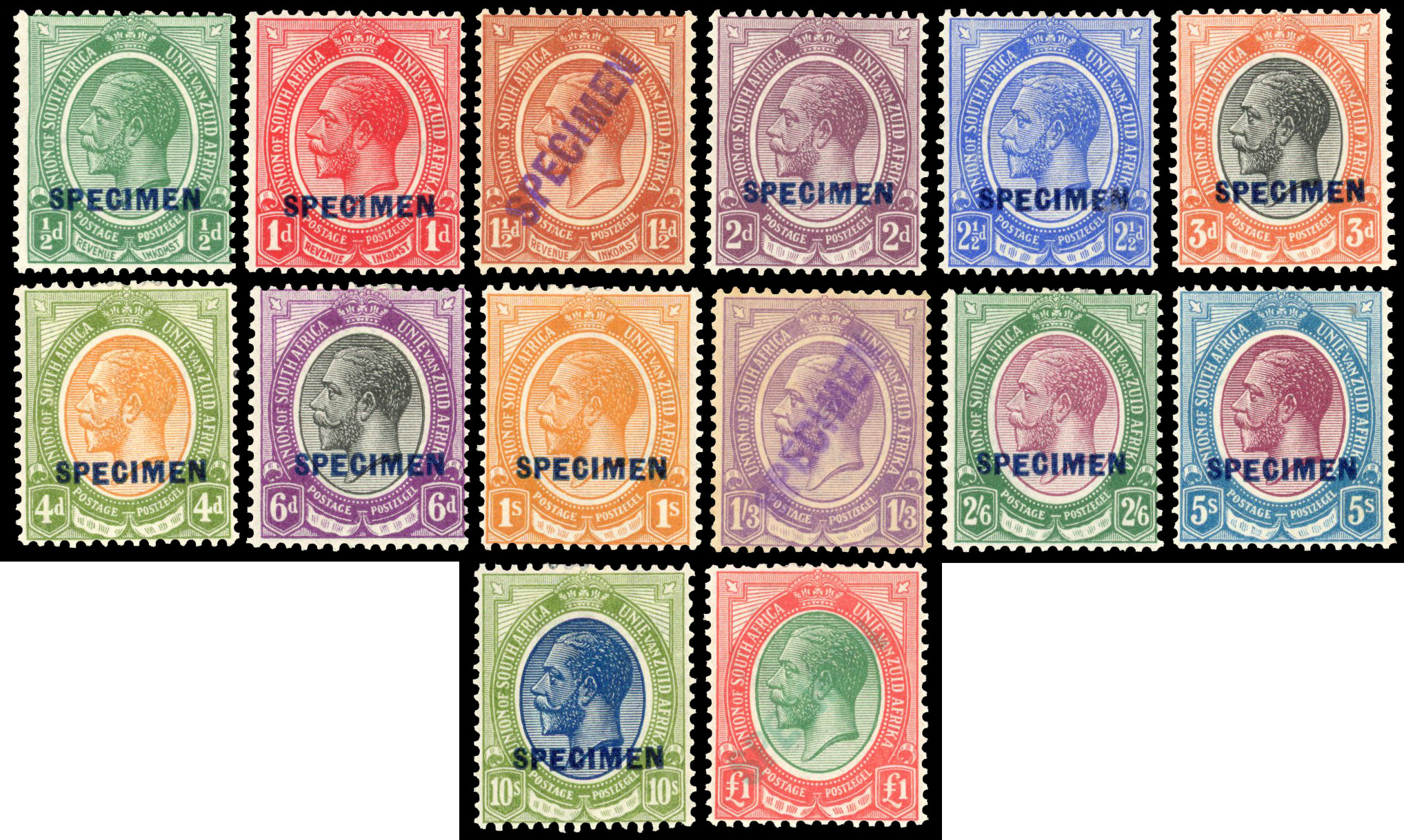1913 ½d to £1 set of 14 overprinted or handstamped “SPECIMEN” unused o.g. SG 3s/17s