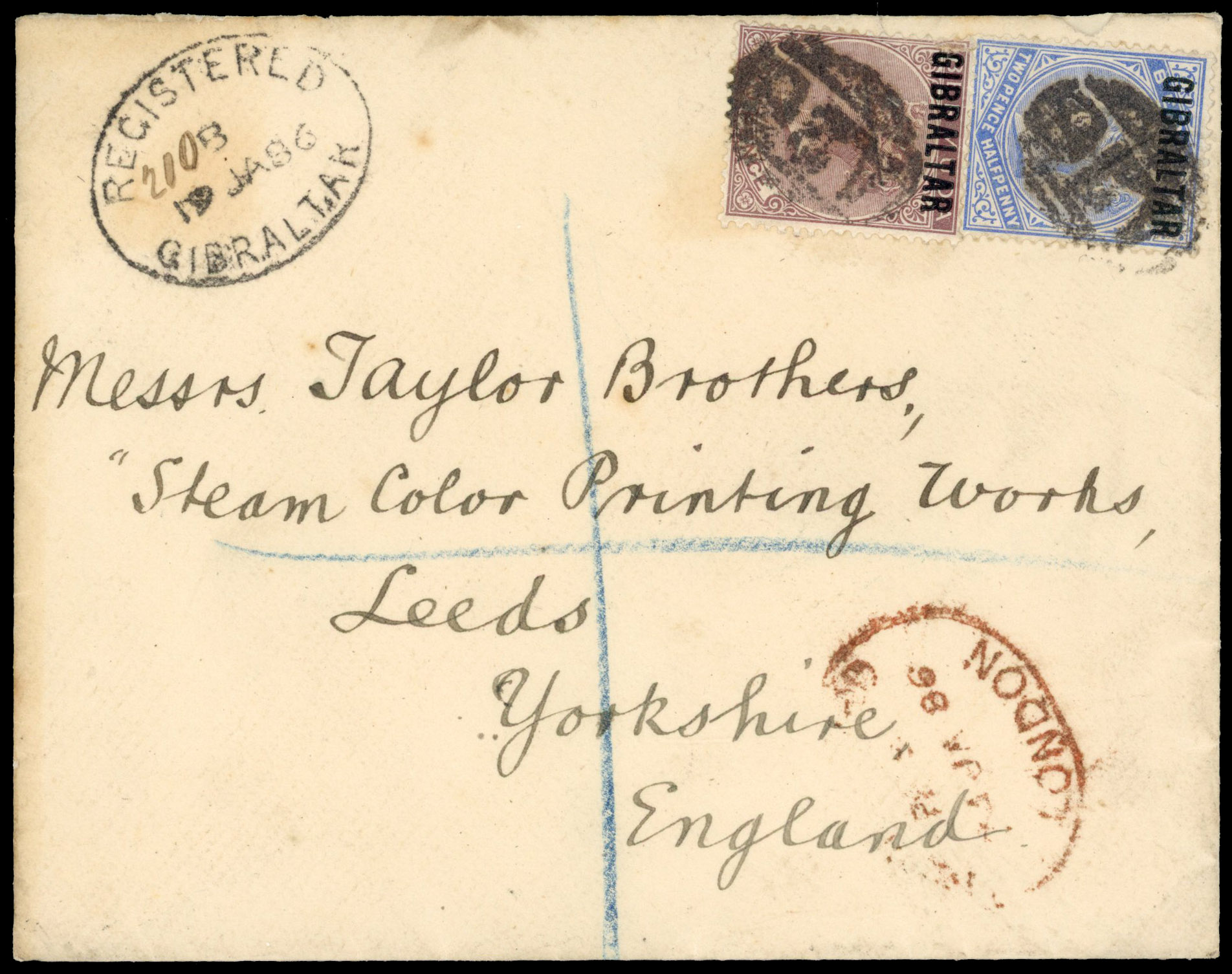 Gibraltar 1886 registered cover to Leeds