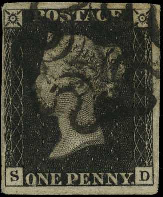 1840 1d black, Plate 9, (SD), four clear...