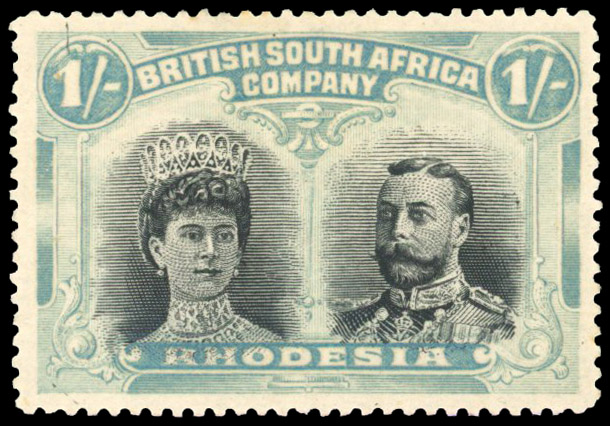 Rhodesia 1910-13 1s black and bright turquoise-blue perf 15