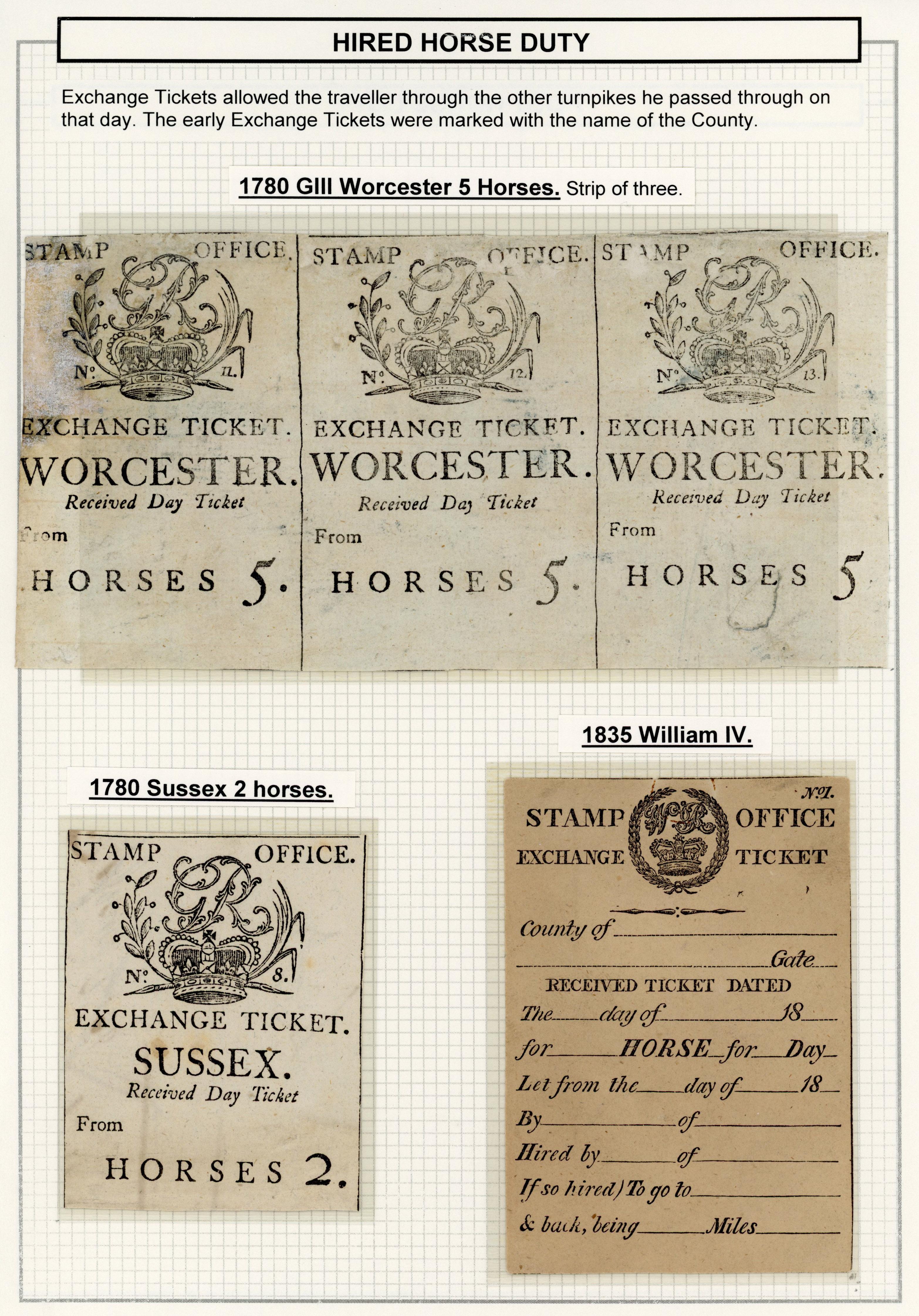 GB. Hired Horse Duty, Exchange Tickets. 1780 Worcester 5 horses strip, 1780 Sussex 2 horses and 1835 William IV
