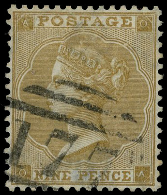1862 9d Straw Pl.3 (Hair lines). Very fine used example of this scarce abnormal issue lettered OA, neatly cancelled by t…