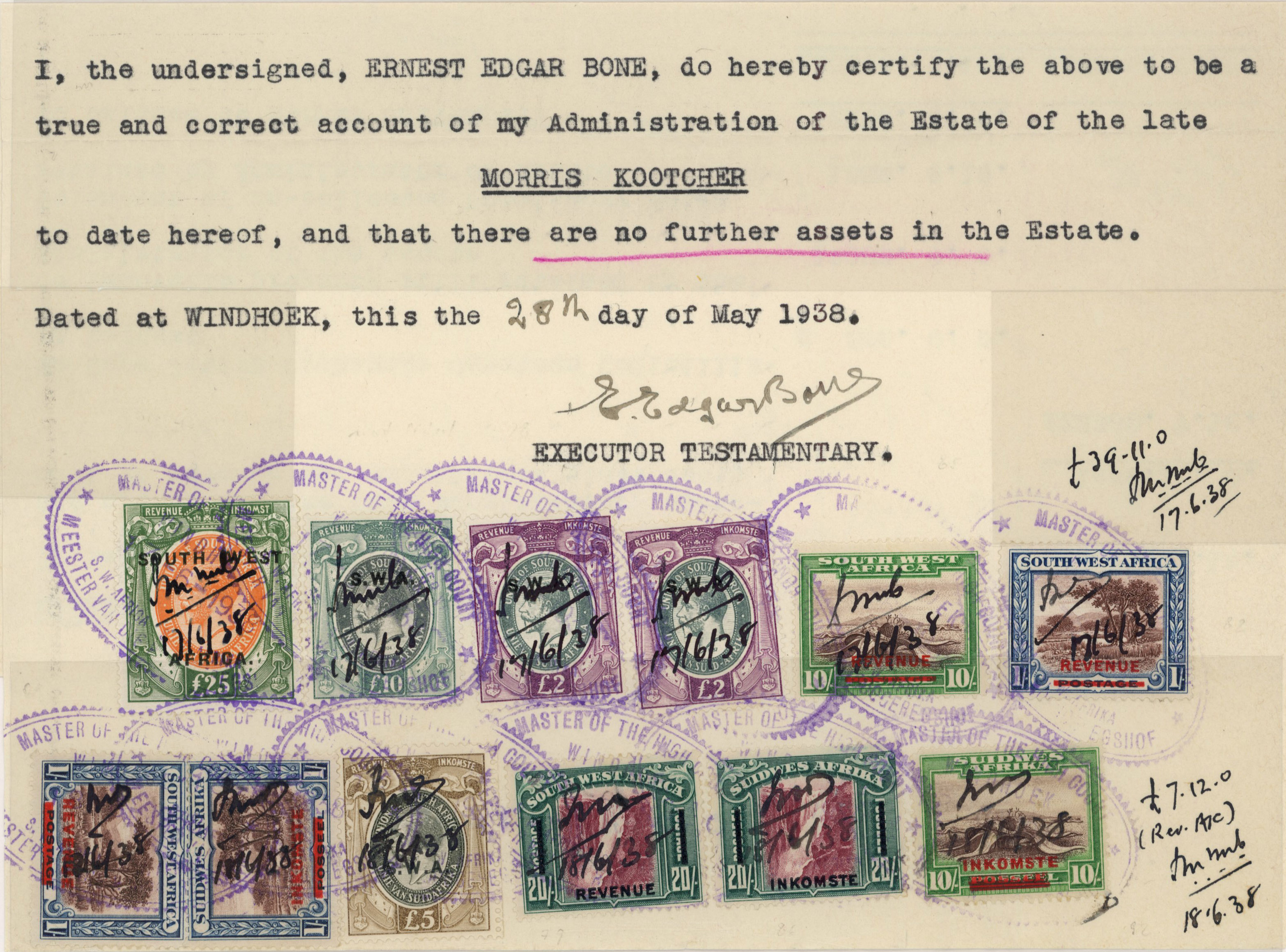 South West Africa Revenues. Third overprint: 1938 document 