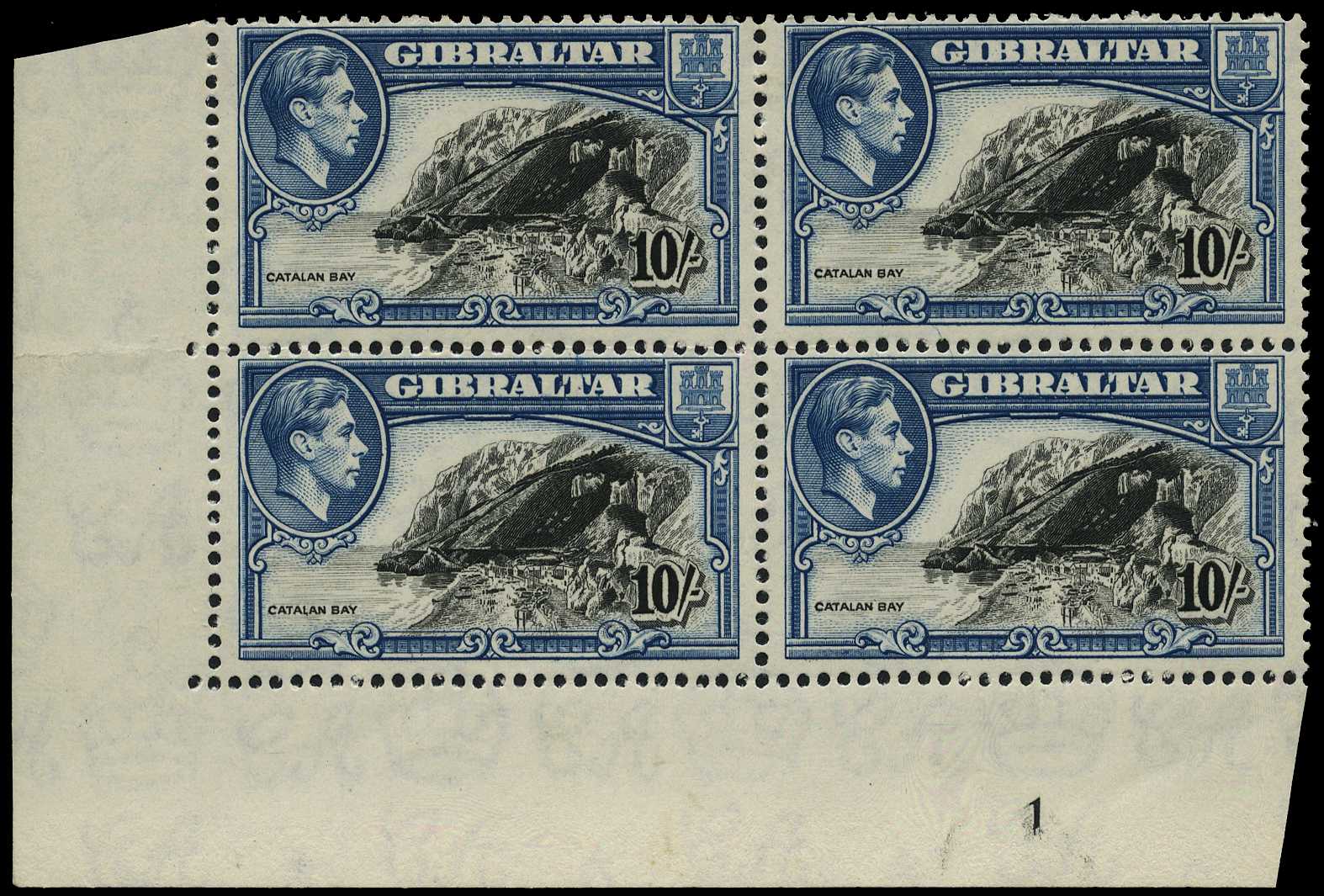 1943-51 10/- black and blue perf 13, lower...