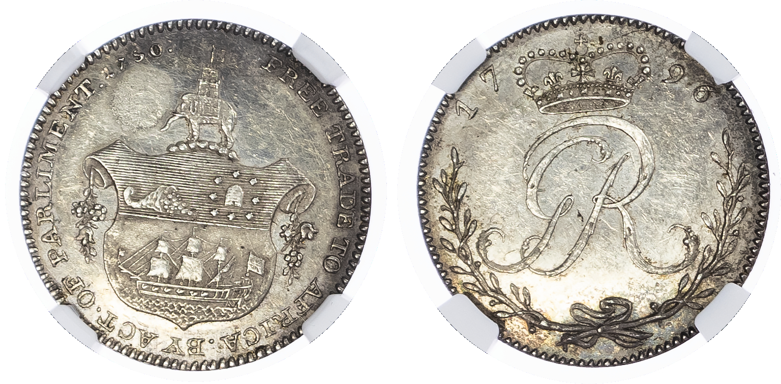 Gold Coast, British Colonial Ghana. George III Parliament AR 1/4 Ackey. 1796. 