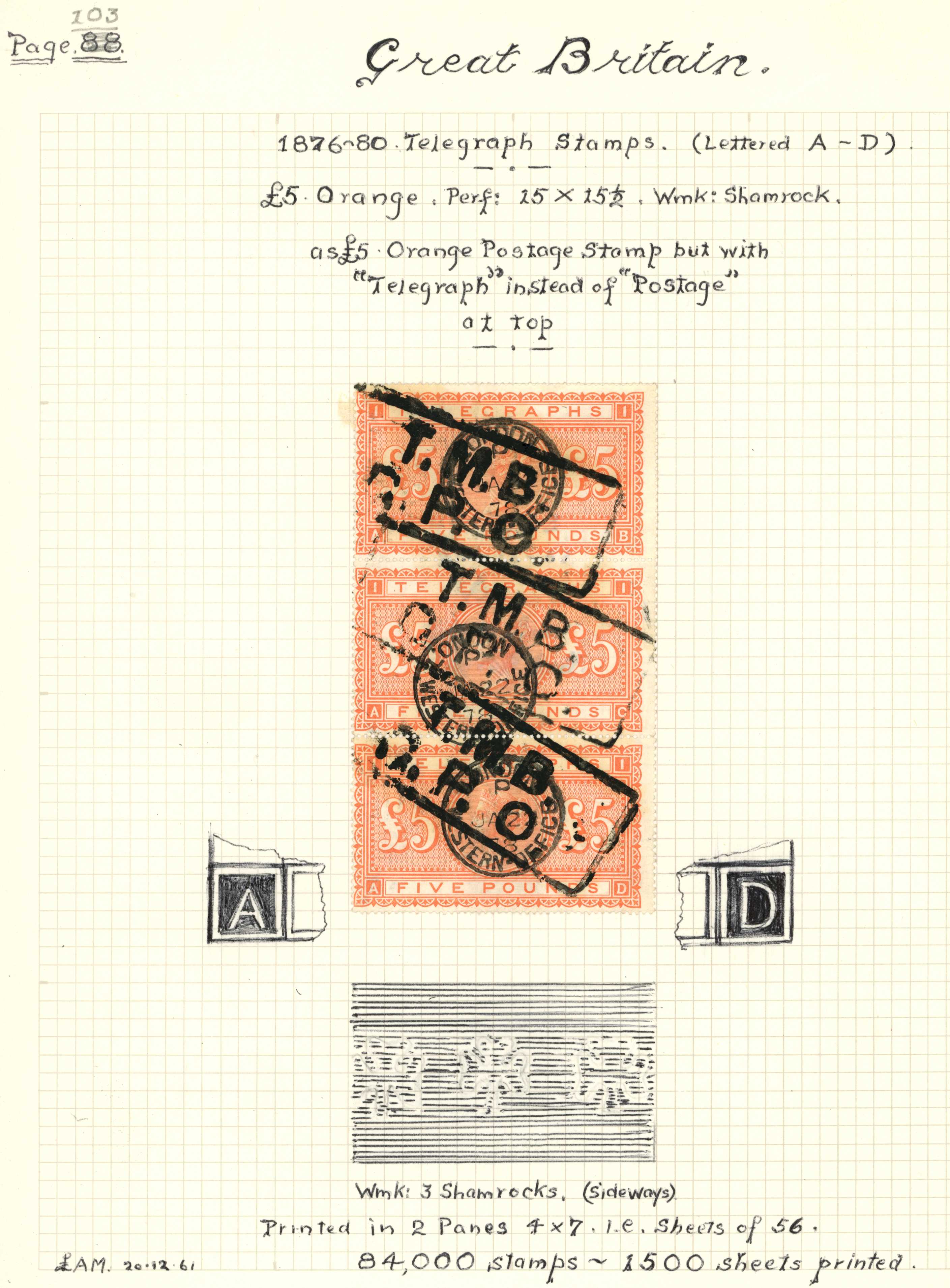 TELEGRAPH: 1876 £5 orange, vertical strip...