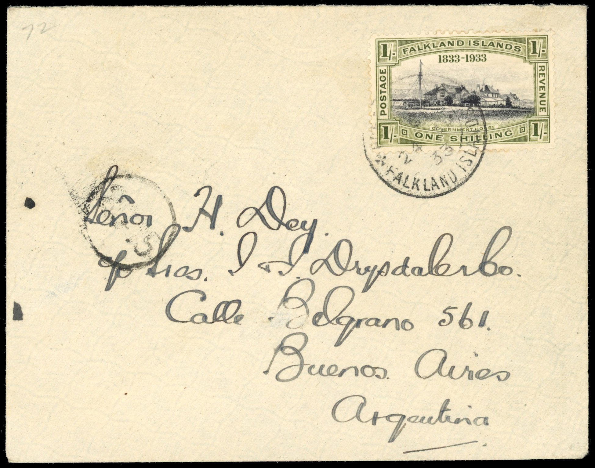 Falkland Is SG 134 1933 Centenary 1s on taxed cover to Buenos Aires