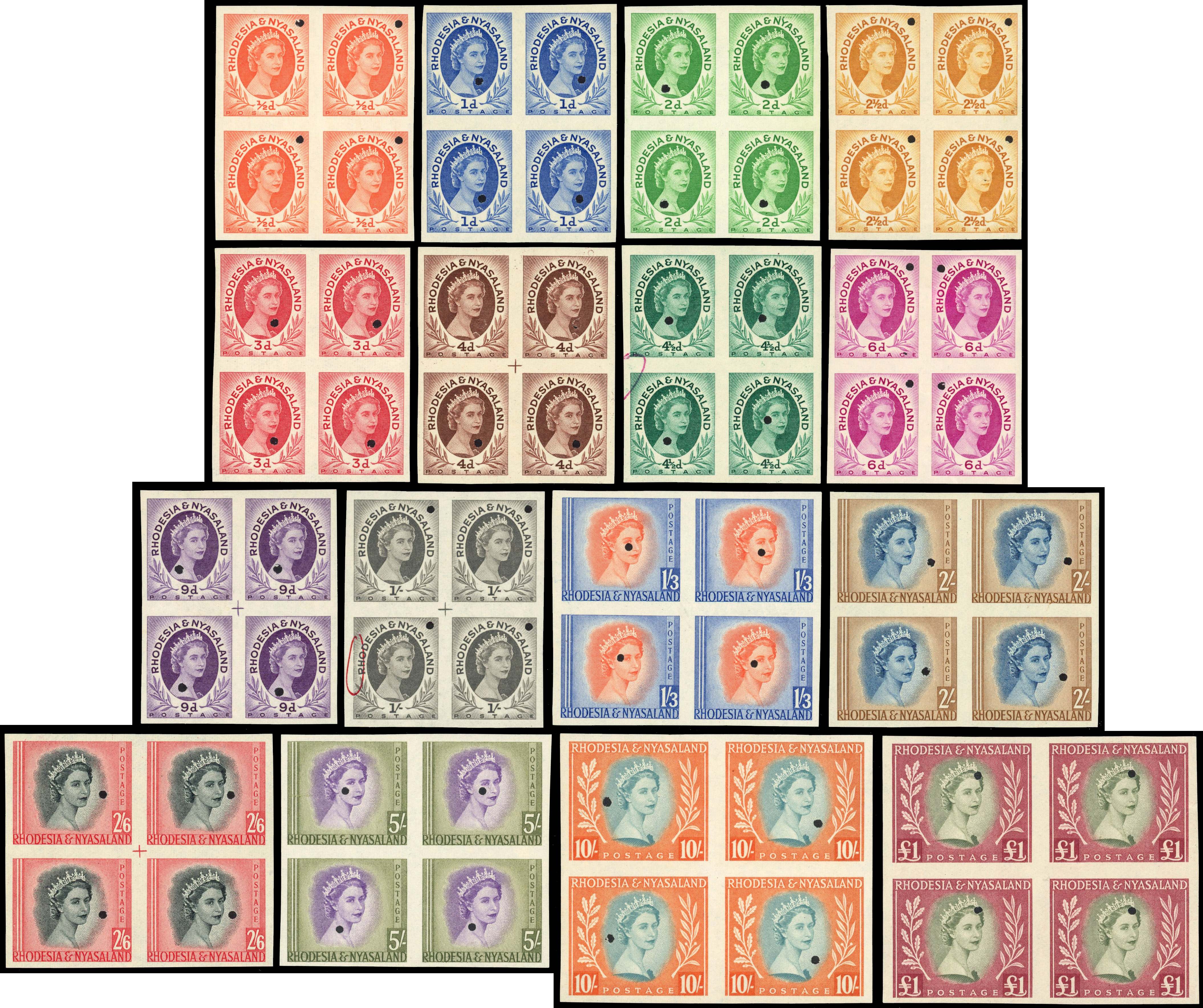 Rhodesia & Nyasaland SG 1-15 Plate Proof blocks