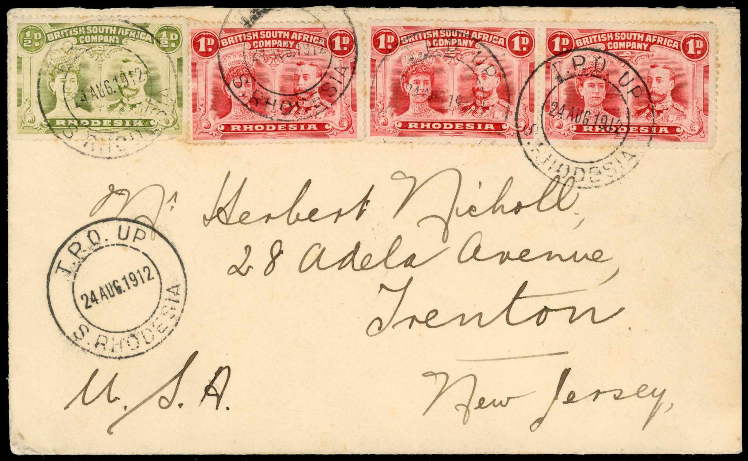 Rhodesia 1912 cover to USA with T.P.O. UP postmark