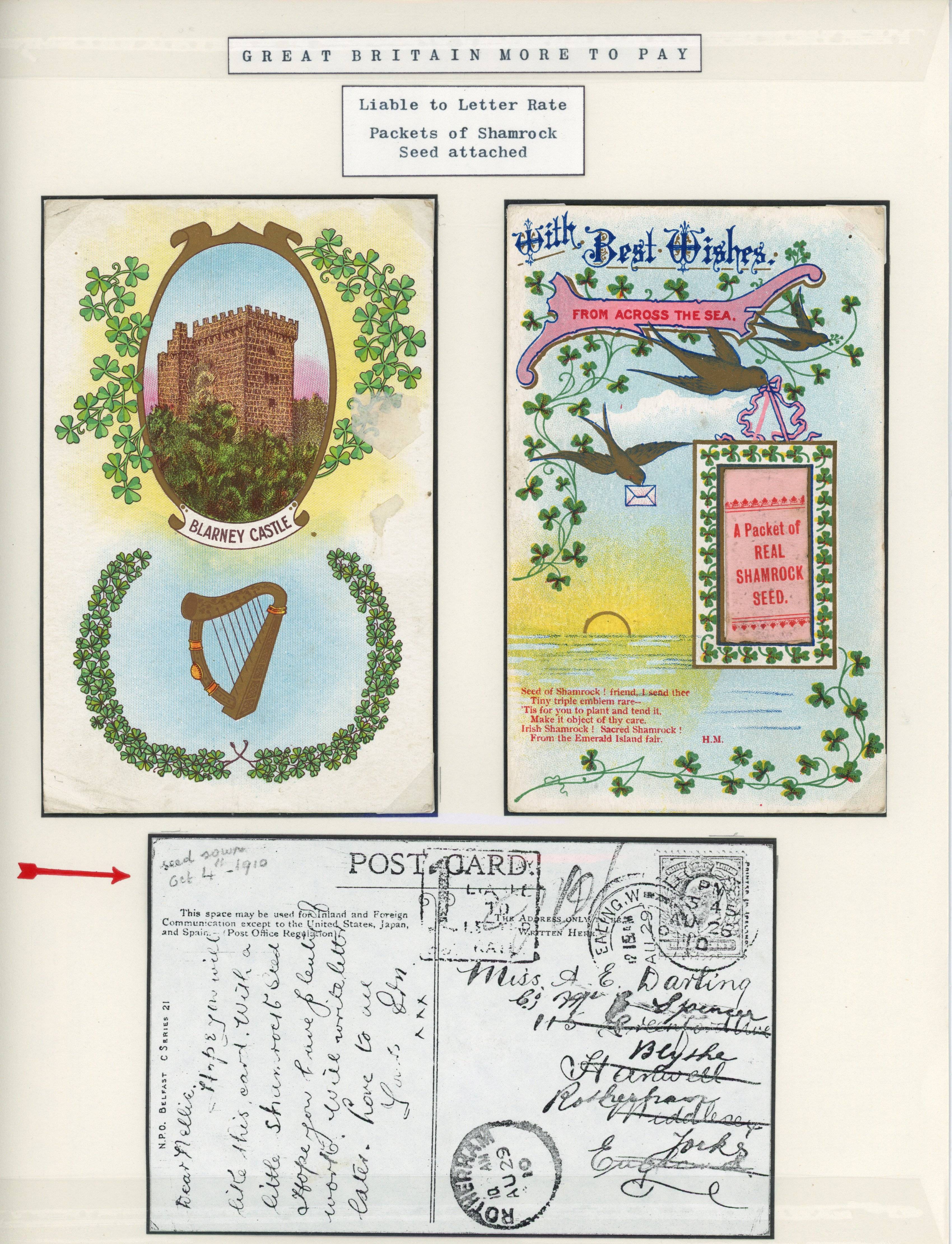 Great Britain 1910 pair of postcards with Irish iconography and an envelope attached