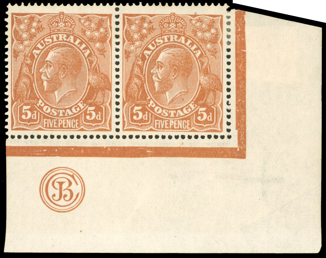Australia SG 23b 1914-20 5d brown comb perf monogram pair mint