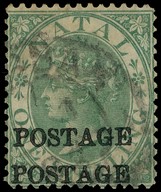 1876 1/- green doubly overprinted POSTAGE, part Durban CDS.  Estudio 20 Certificate (2005).  SG 84a,...