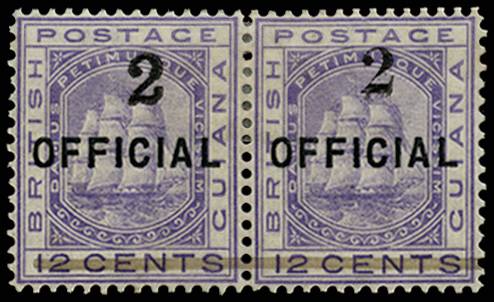 BR GUIANA SG 155a 1881 "2" on 12c violet T23+24 s-t pr lpog