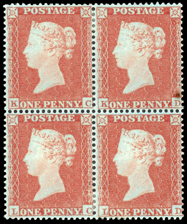 SG 17 1854 1d red-brown Plate 181 block of four mint
