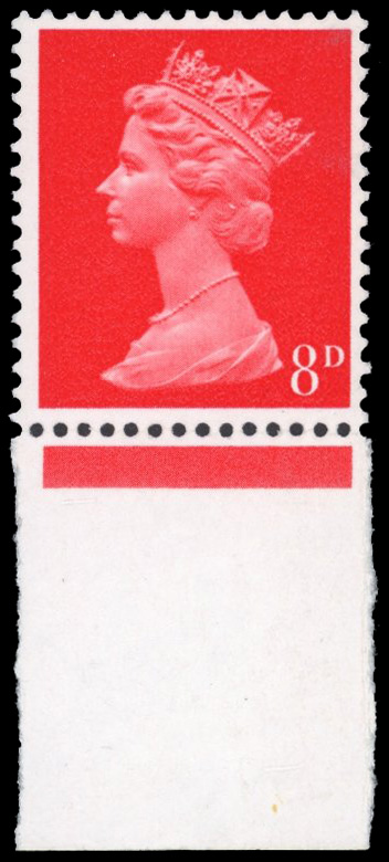 GB: 1967-70 8d bright vermilion, mint unmounted og from the foot of the sheet variety ‘PHOSPHOR OMITTED'. Fine