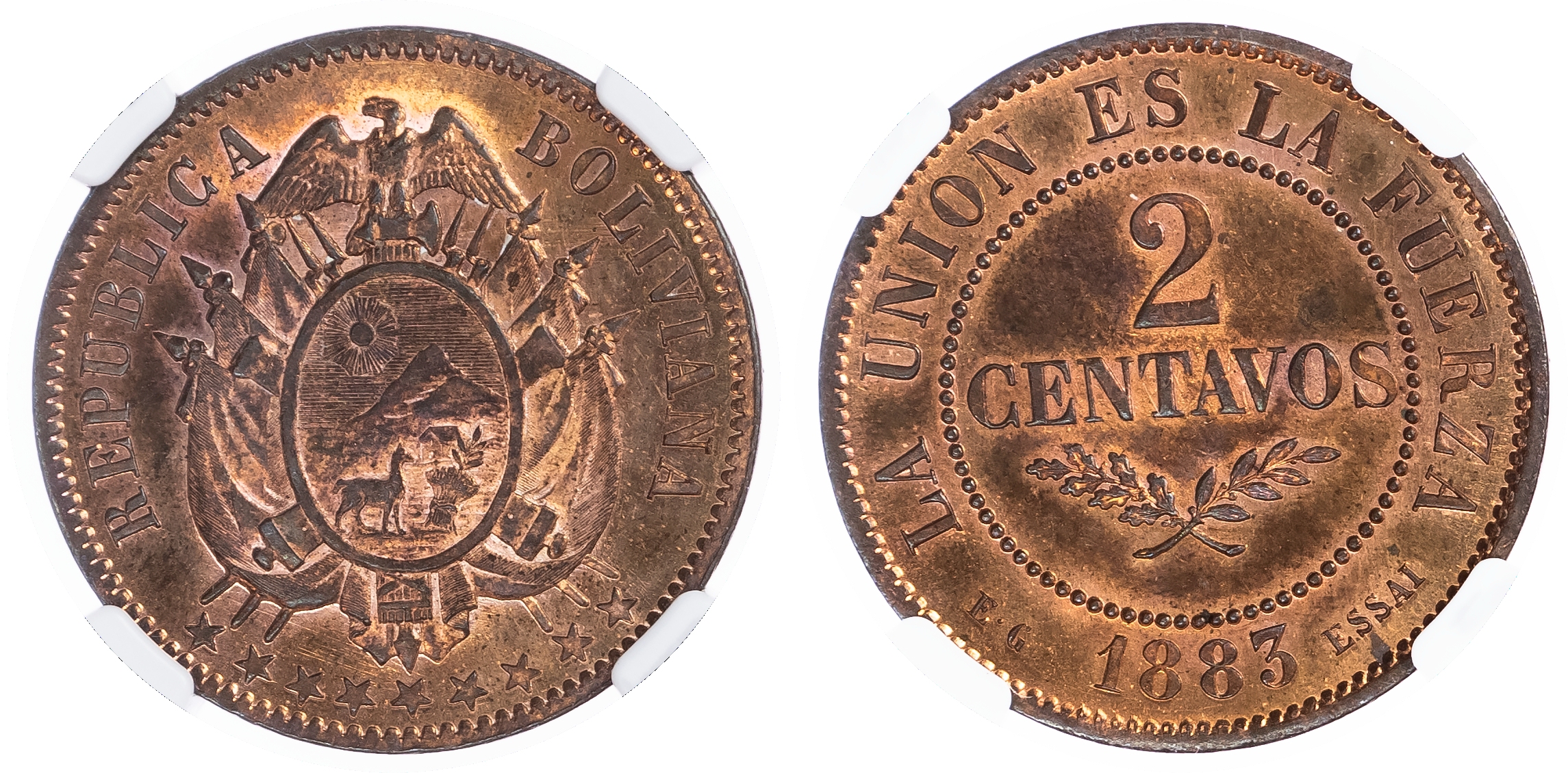 Bolivia, Republic CU Essai 2 Centavos. 1883 EG.