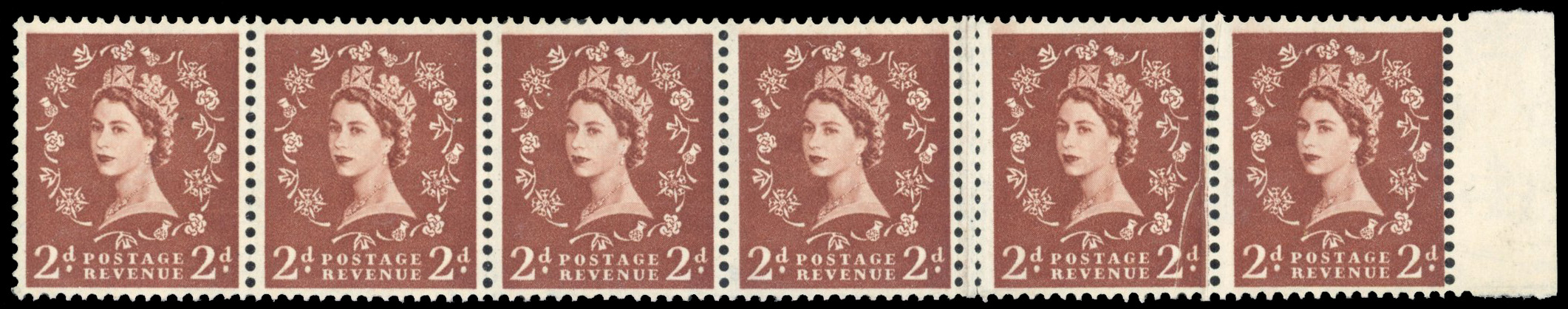 GB: 1958 Graphite-line, Multiple Crowns, 2d light red-brown, mint unmounted right marginal horizontal strip of six variety