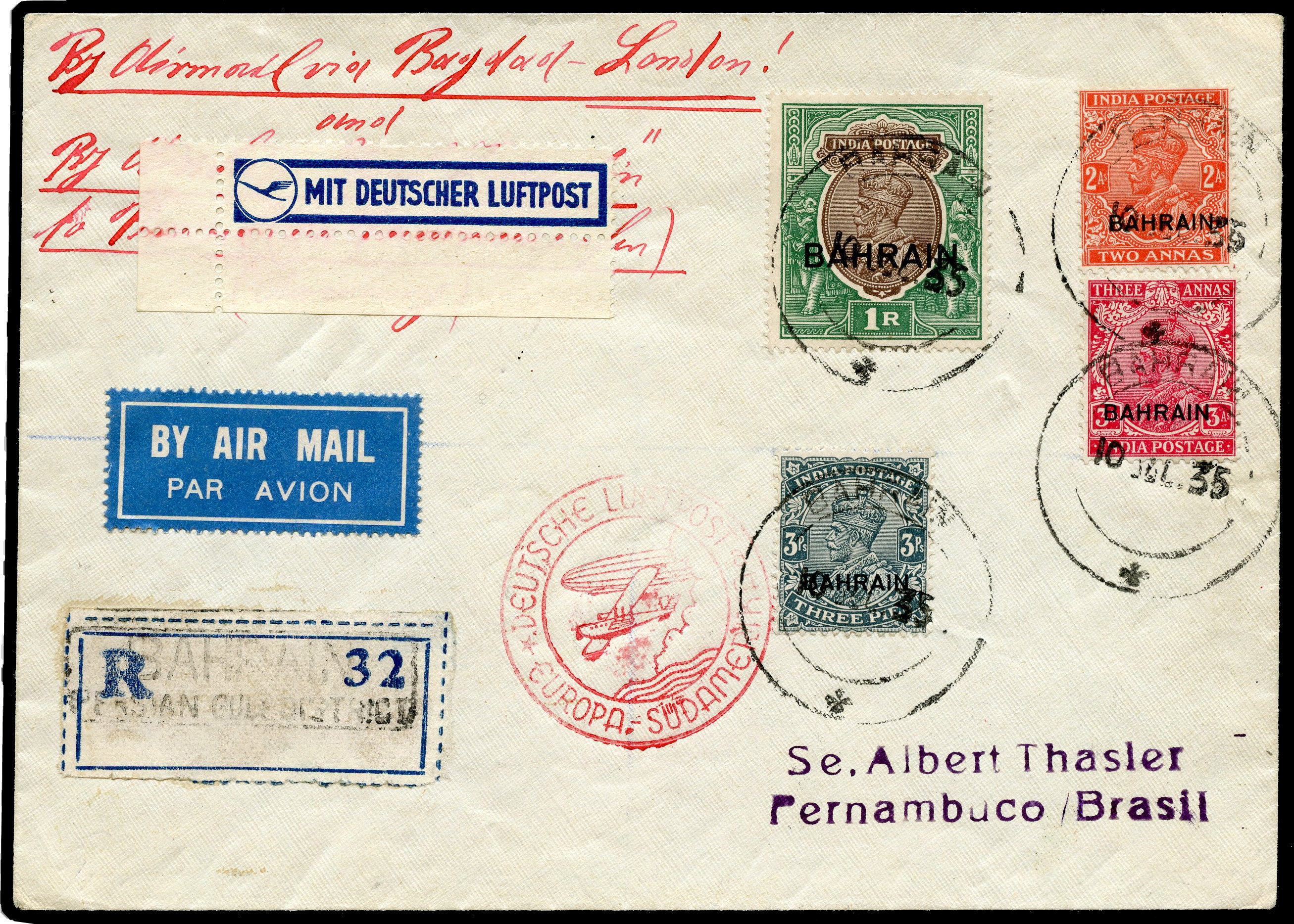 Bahrain Air Mail cover to Brazil