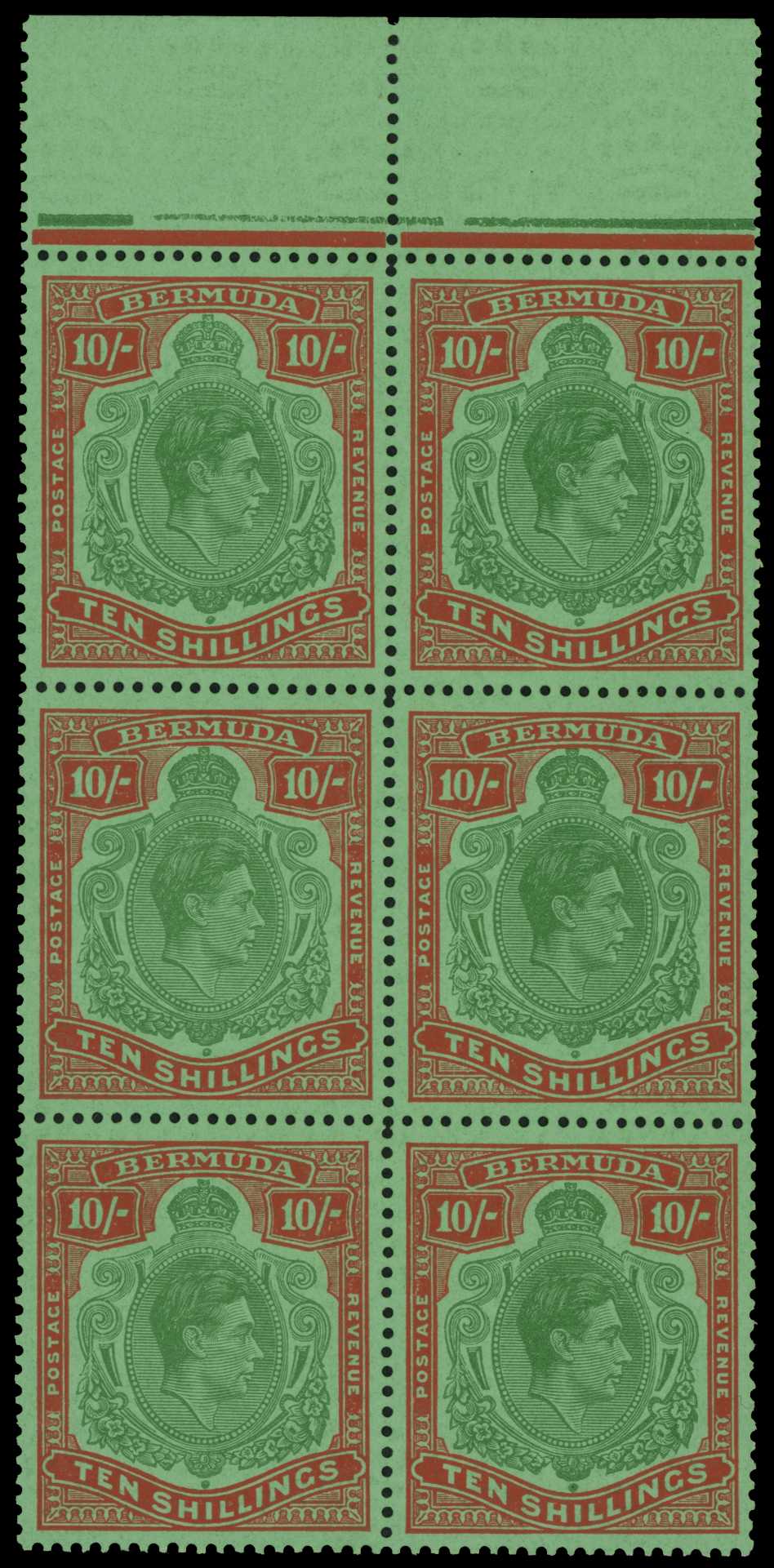1953 10/- green and dull red on green paper,...