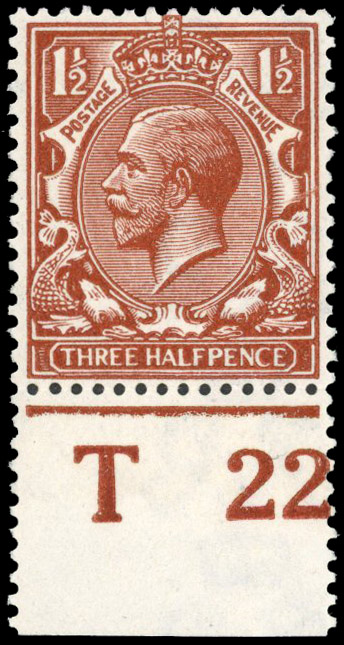 1922 1½d Very deep red brown (Wmk. Royal Cypher). Superb unmounted o.g. bottom marginal  Control ‘T 22’