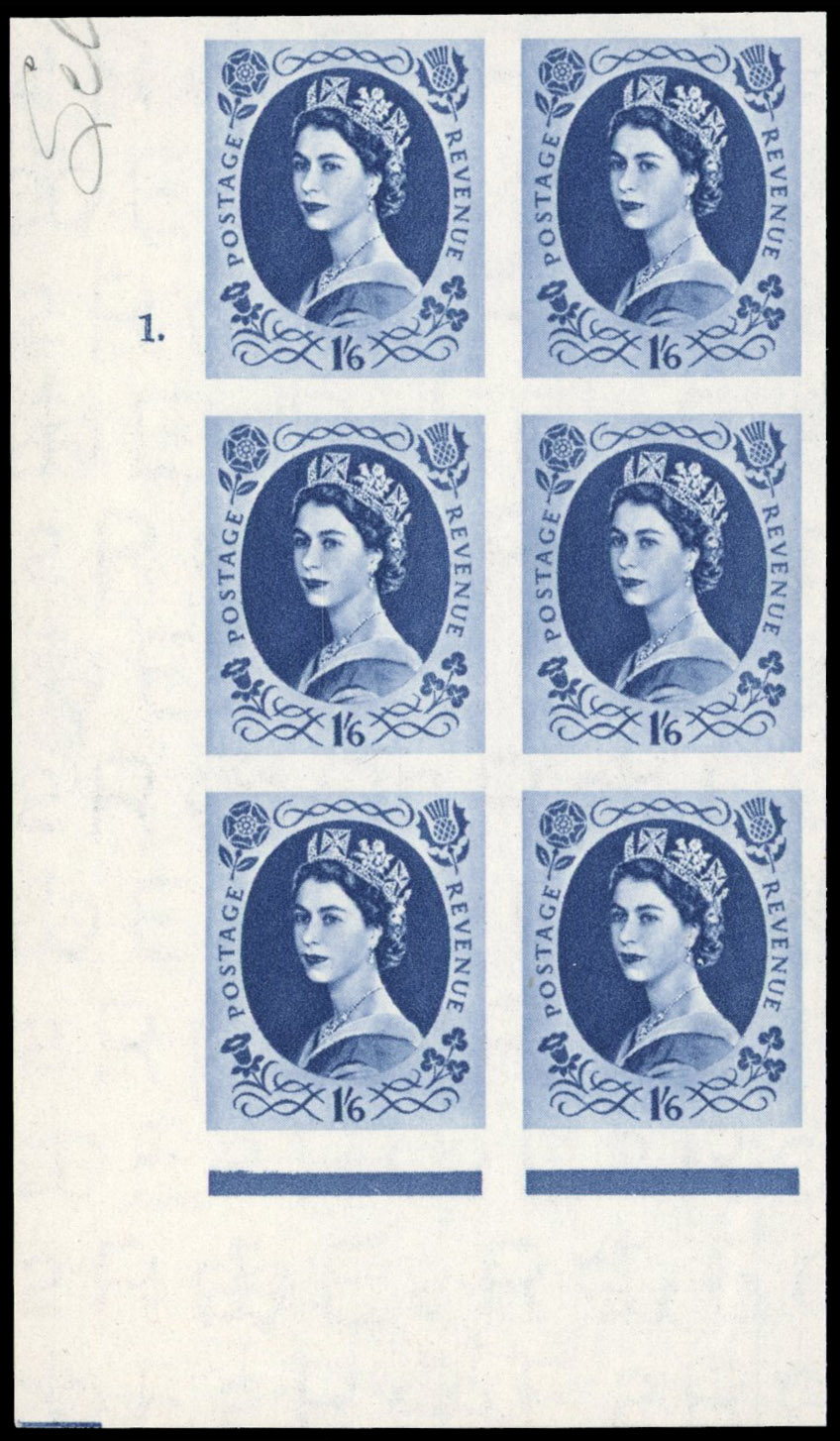 Great Britain 1956 1s6d Grey-blue, Cylinder Block of Six, BPMA Imprimatur, SG 556
