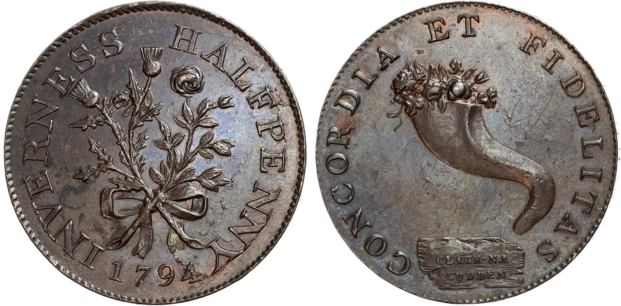 Inver.  Inverness, Mackintosh, Inglis & Wilson (sailcloth and sacking manufacturers) Halfpenny 1793, Rose and thistle un …
