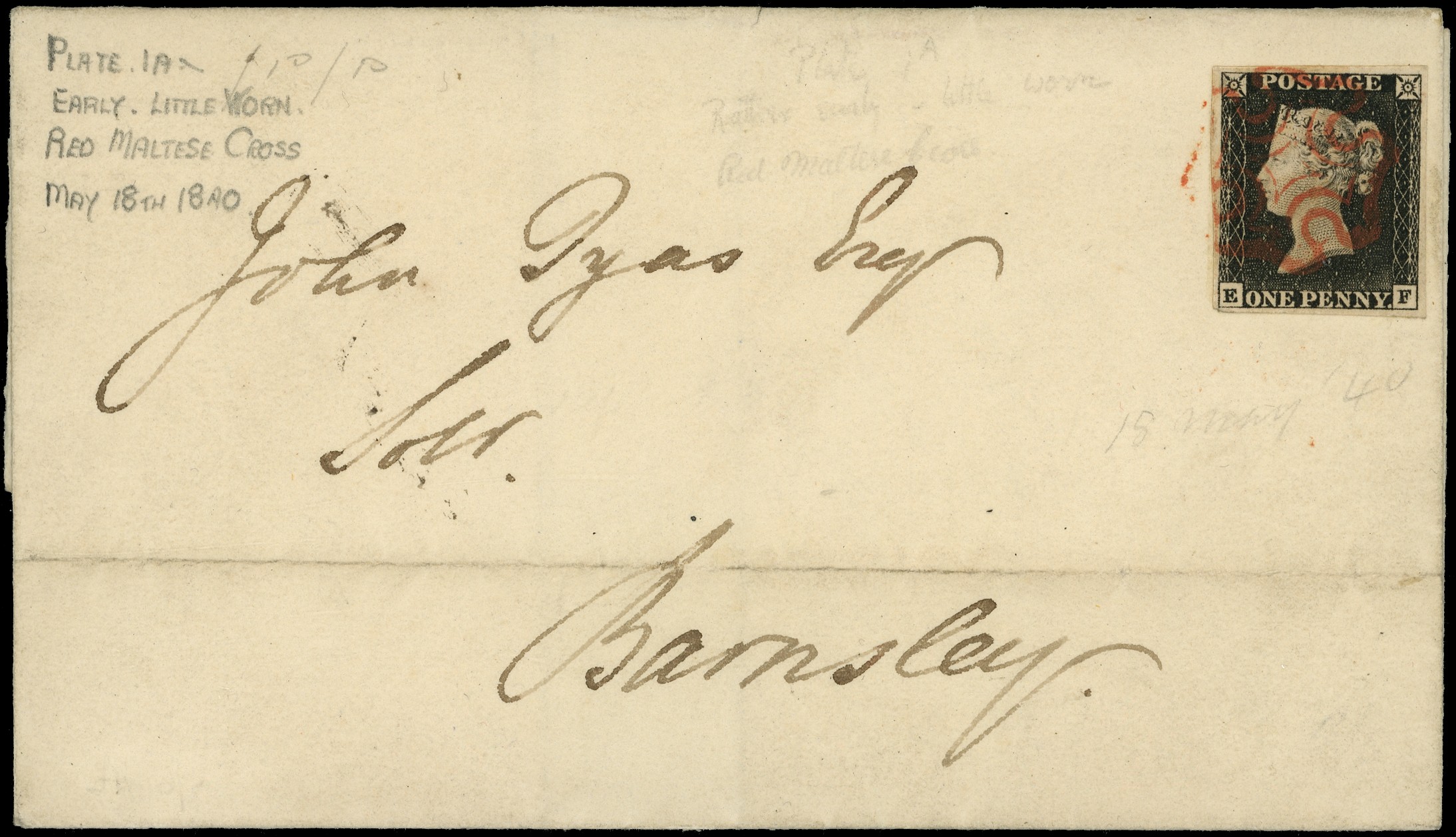 1840 entire letter addressed to Barnsley franked by 1d black Plate 1a (EF)...