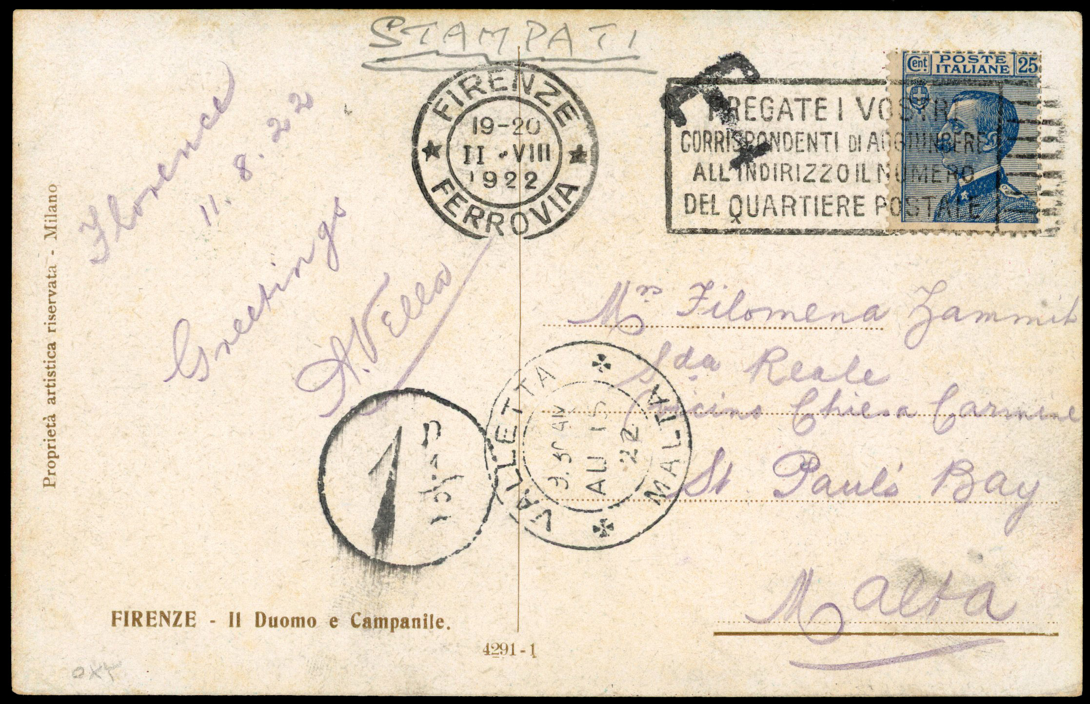 1922 ppc showing scarce Malta “1½d” due hs with “VALLETTA/MALTA/AU 15 22” cds. ADDED TO R2000147/2