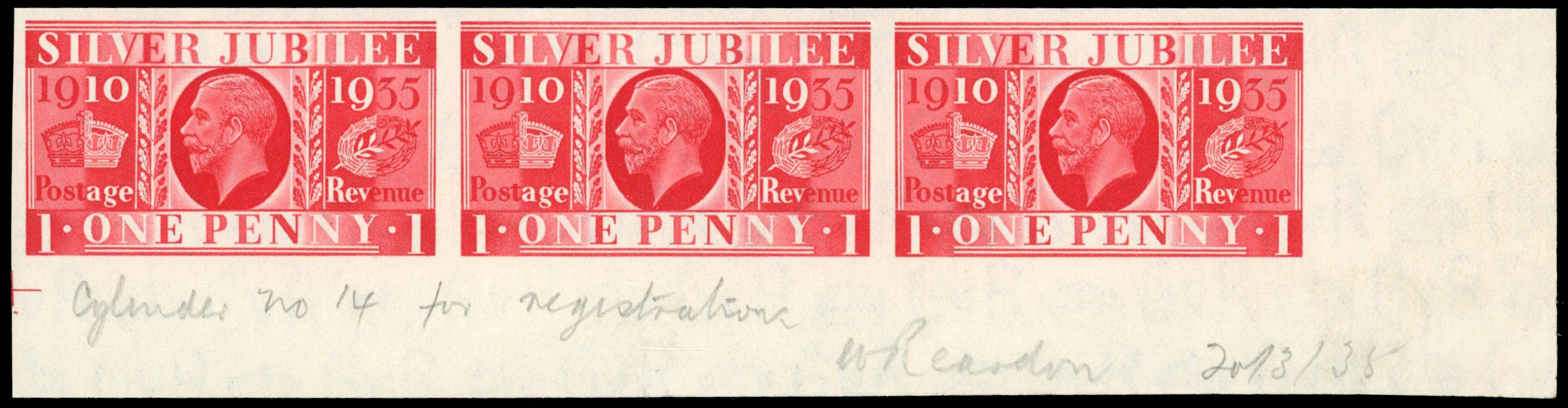 Great Britain 1935 1d "Silver Jubilee", Strip of Three, BPMA Imprimatur, SG 454