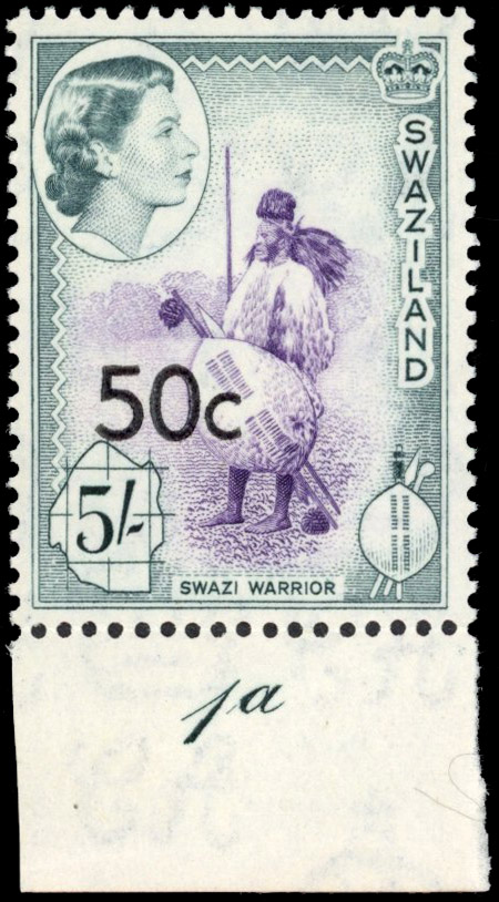 Swaziland SG 75b 1961 50c on 5s Type III surcharge mint