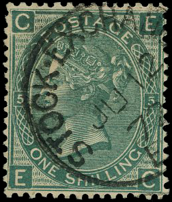 1872 1s green Pl.5 ‘Stock Exchange Forgery’.