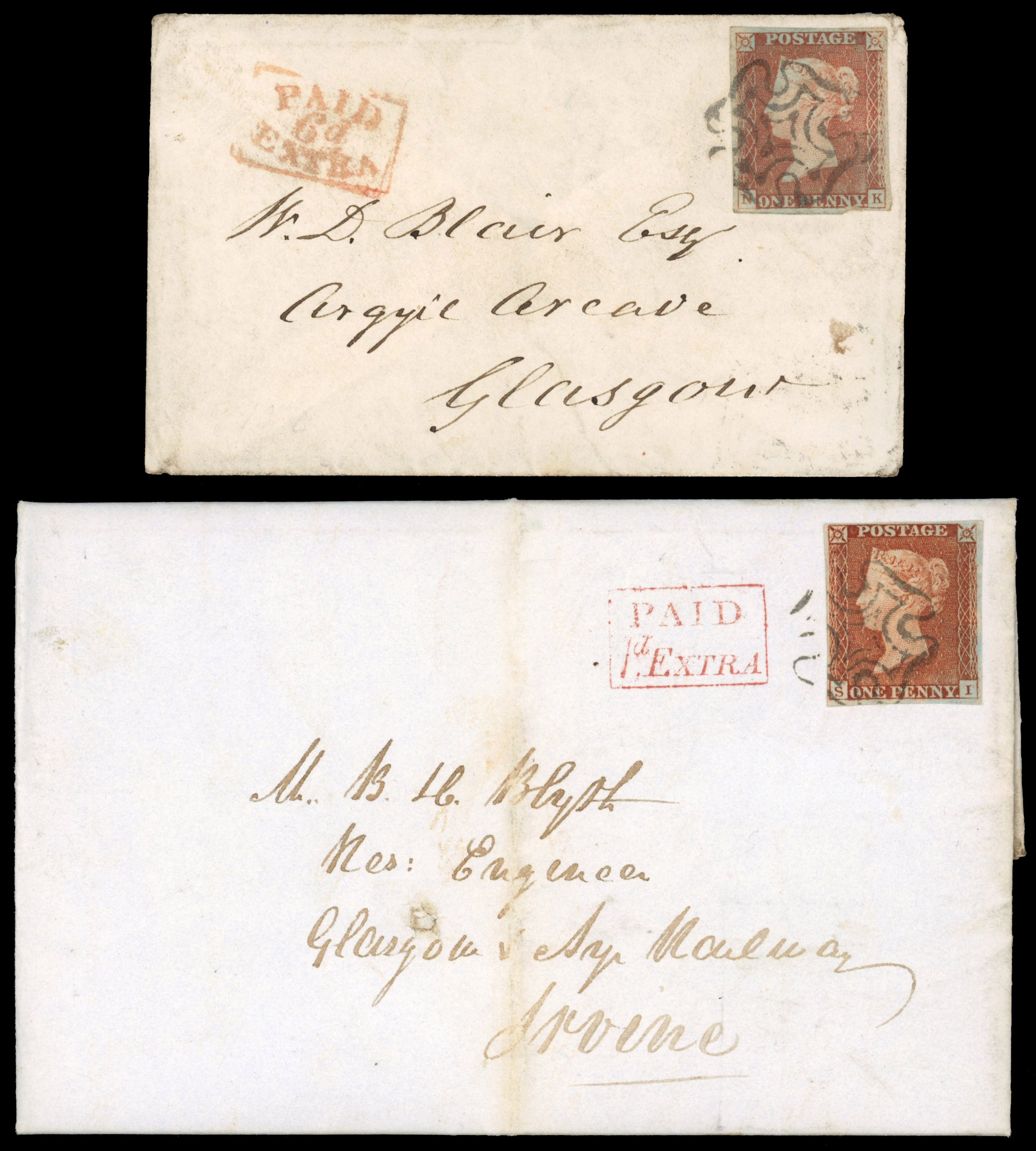 GB: POSTAL HISTORY: 1841 1d red-brown, two covers from Edinburgh tied by black Maltese crosses