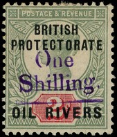 1893 1/- on 2d handstamped Type 11 in vermilion (Type B),  
o.g. with hinge remainder, tiny thin spot.  SG 38,...