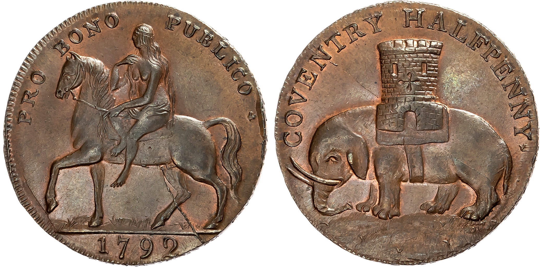 Warks.  Coventry , Robert Reynolds & Co. Halfpenny 1792, Lady Godiva on horse, rev. Coventry arms – elephant and castle, …