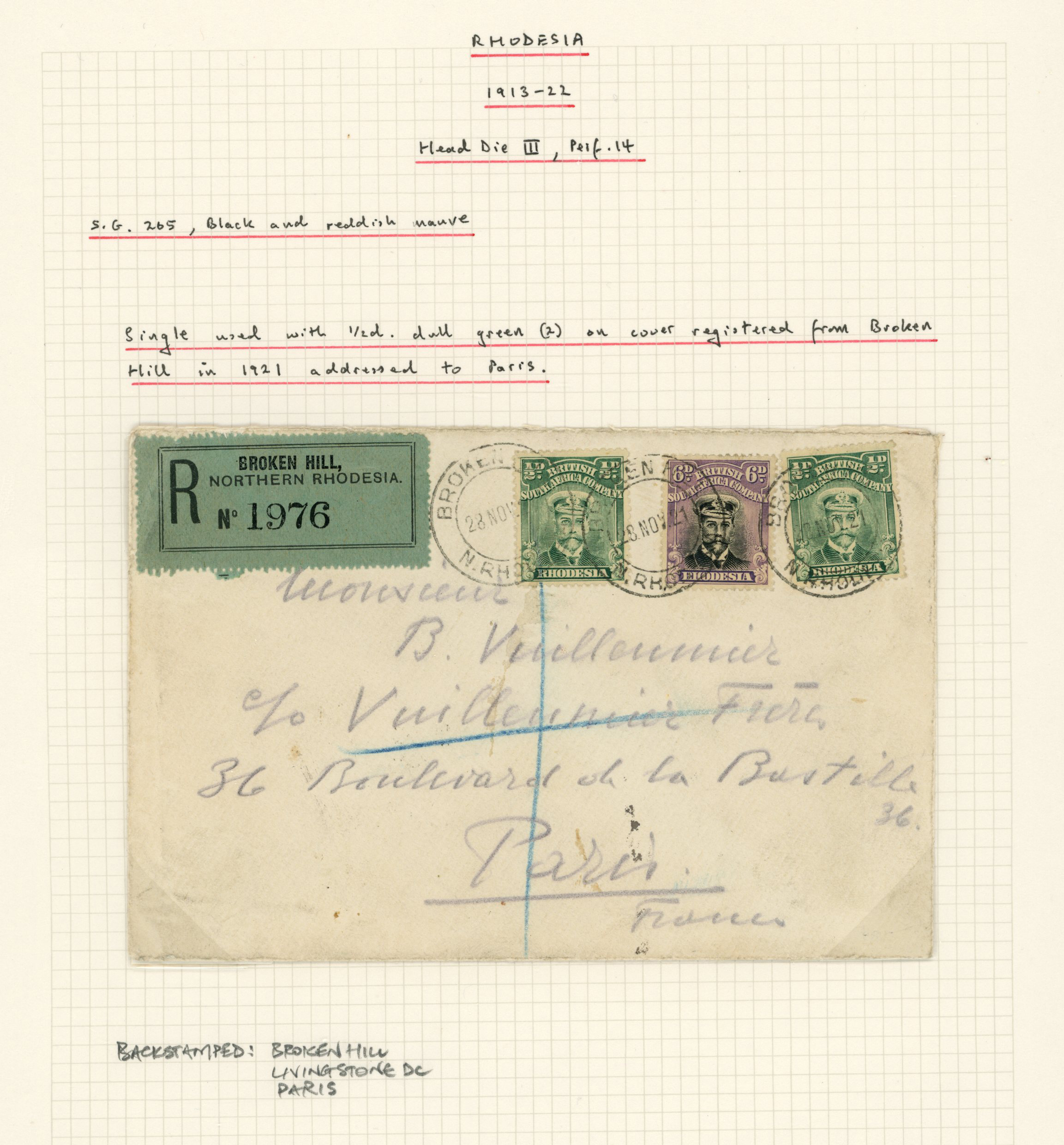1921 registered envelope to Paris with two...