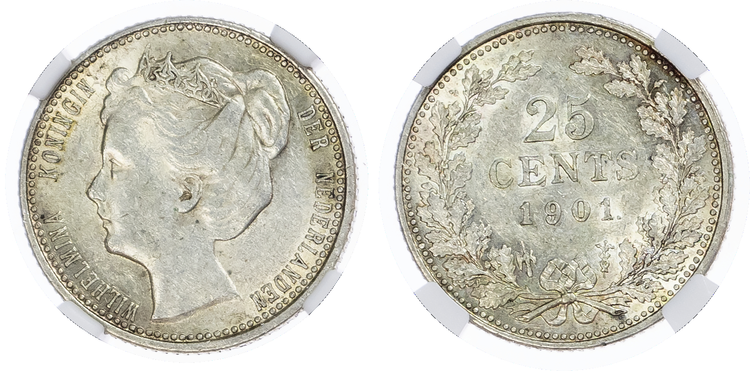 Netherlands. Wilhelmina AR 25 Cents. 1901.