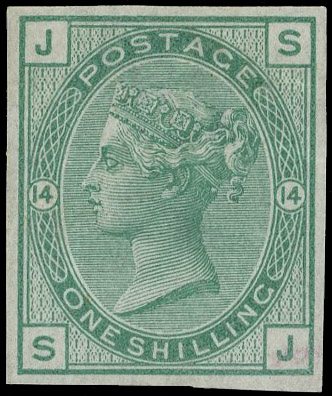 1876 1s Green Pl.14. Very fine unused imperforate ‘abnormal’ imprimatur lettered SJ. Scarce one of only 21 possible exam…
