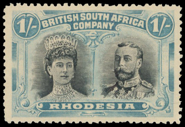 † 1/- black and (paler) turquoise-blue SG 151a variant (i), position 4 mint