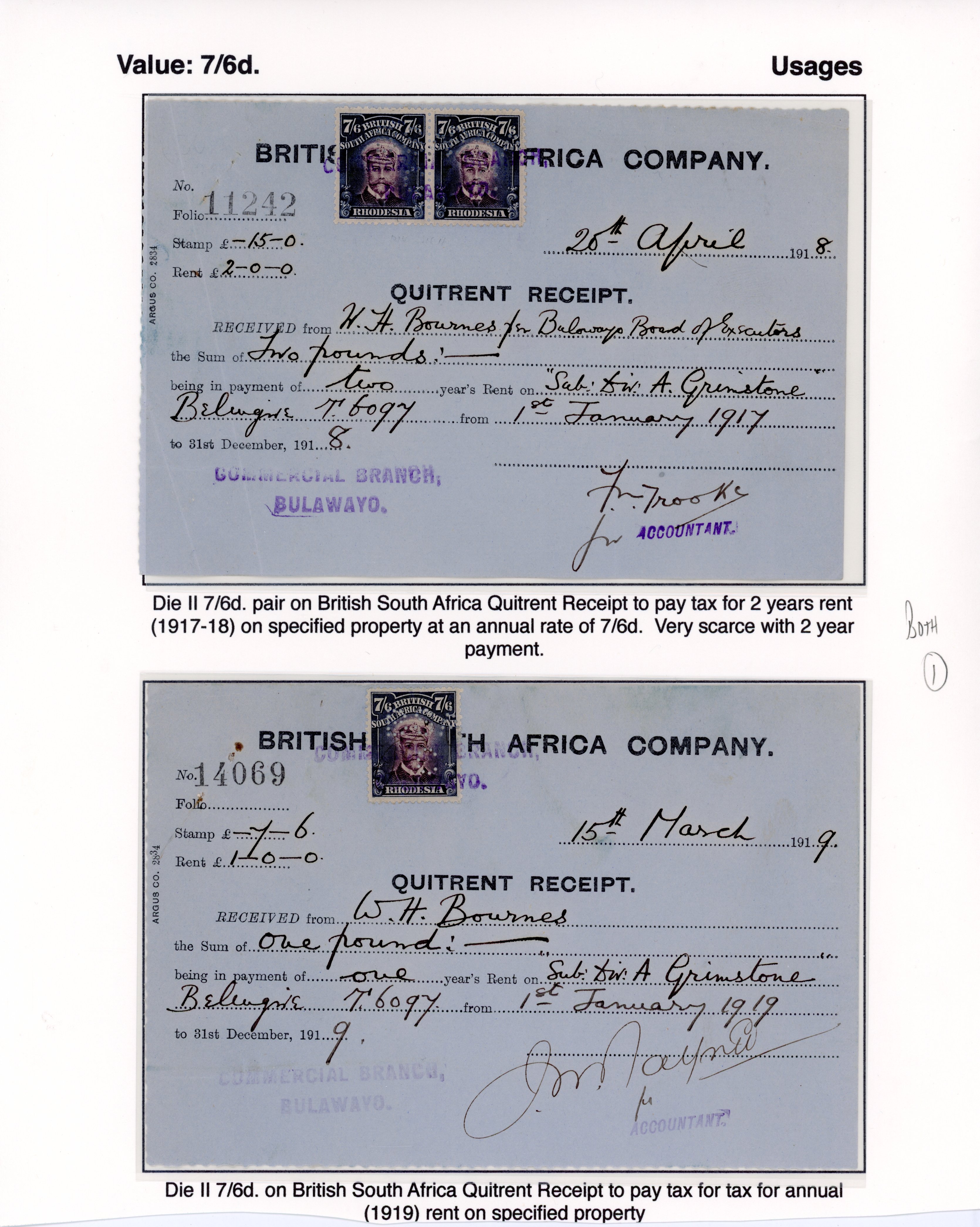 Rhodesia Revenue 7s6d Admiral Quitrent Receipts
