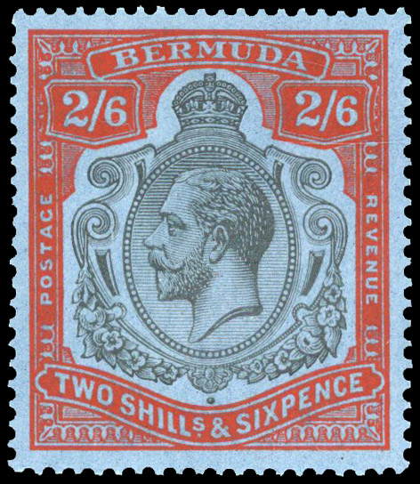 BERMUDA: 1931 2s6d black and scarlet-vermilion on deep blue, with R4/9 ‘break in lines below left scroll’ fine o.g. SG 89je