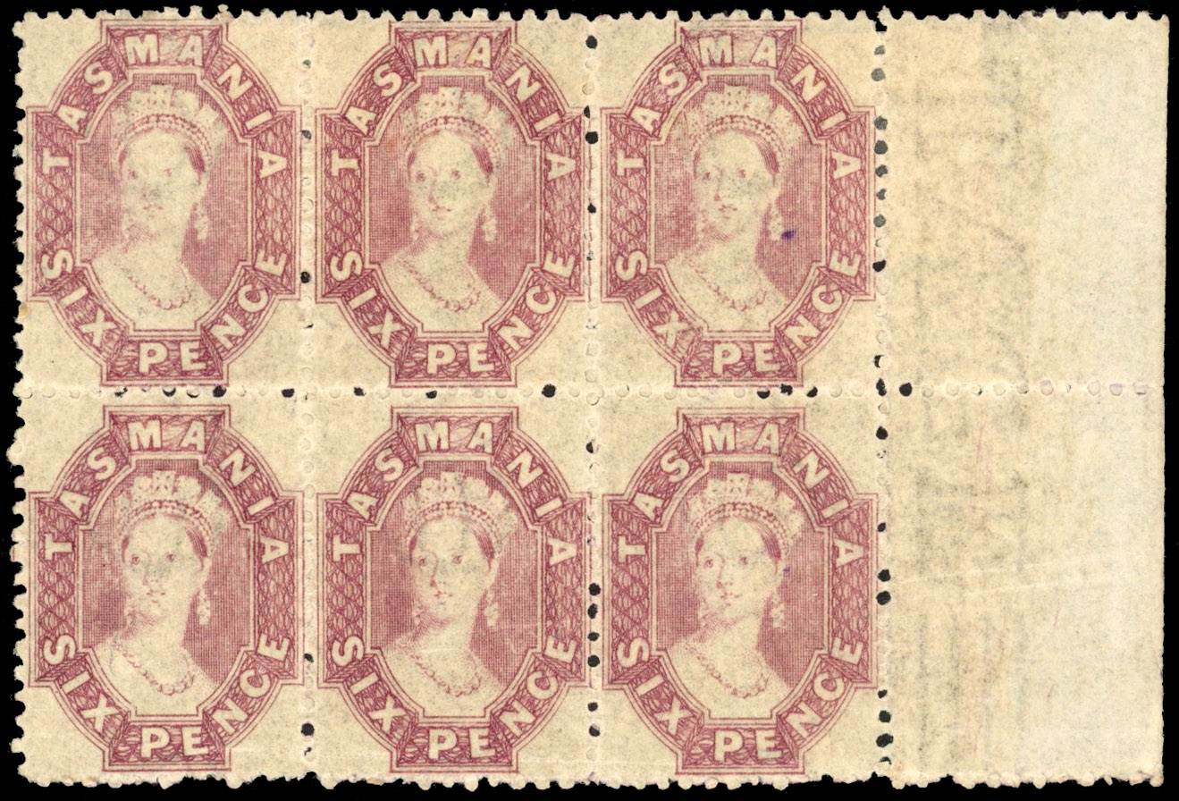 Australian States Tasmania 1855-71 perf 12 6d marginal block of 6 hinged mint